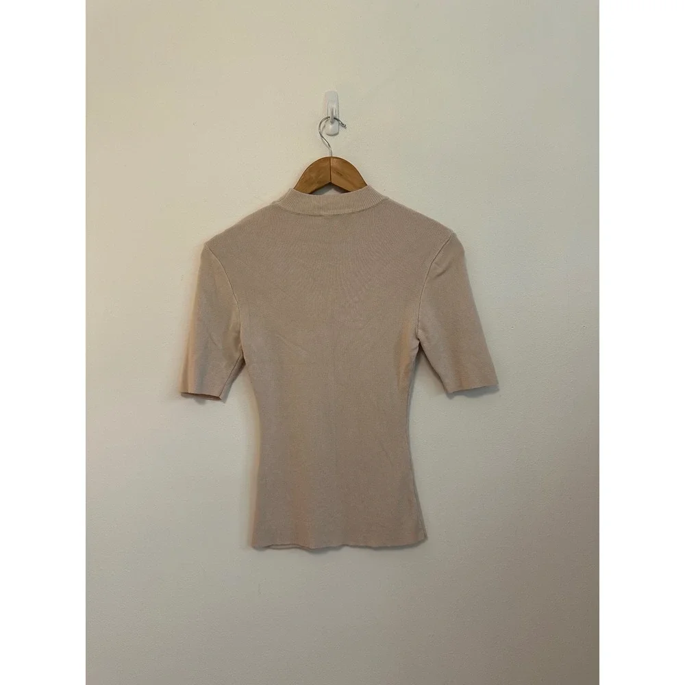 Baltic Born Beige Mock Neck Ribbed Knit Short Sleeve Top | Size Large